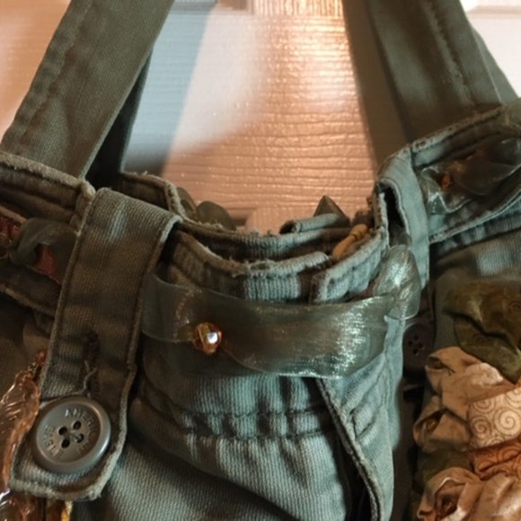 American Eagle Jean Fabric Olive Green Beads Lace Flowers Shoulder Bag Tote - Picture 2 of 16